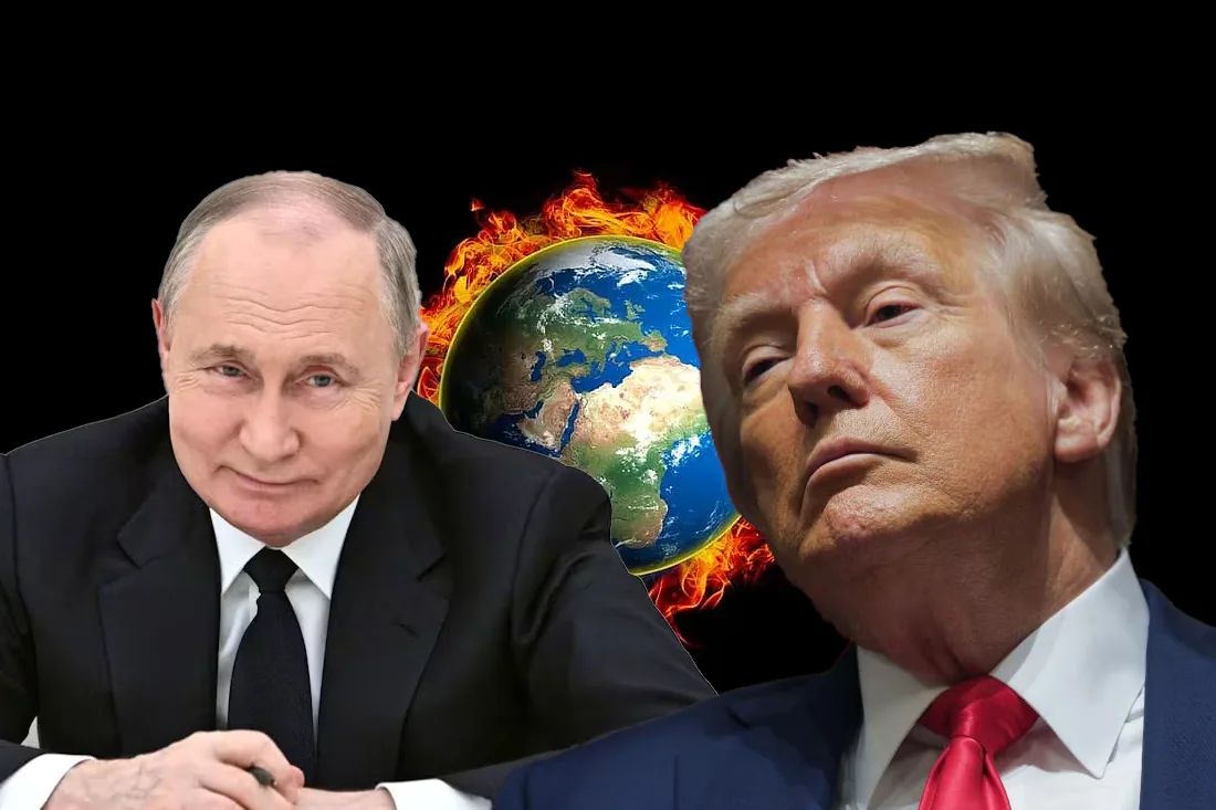 Trump e Putin con sullo sfondo il mondo in fiamme